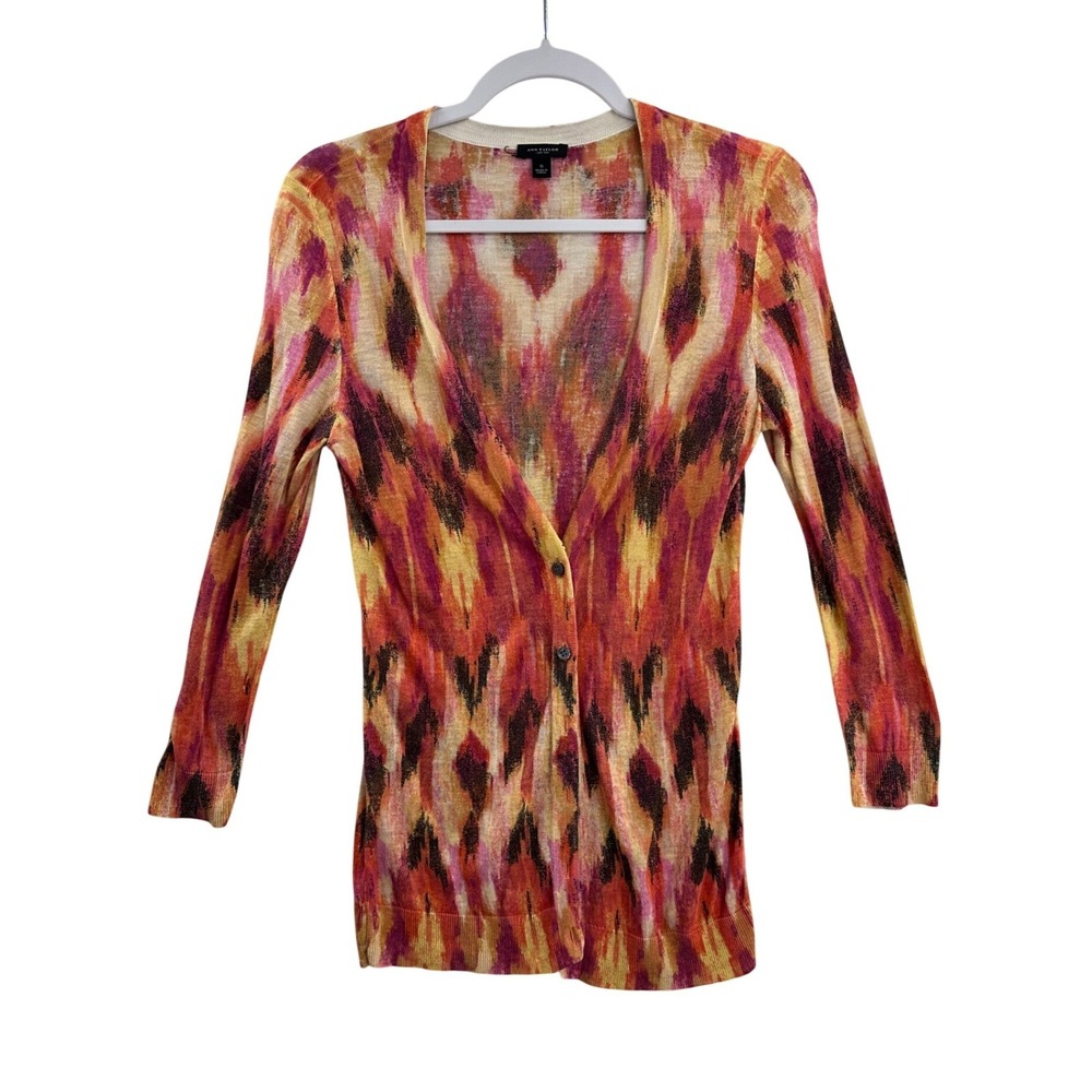 Ann Taylor Silk Linen Abstract Print‎ Cardigan Sweater Women Size S